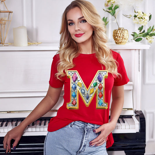 Letter M Graphic Design Tee Unisex 100 Cotton With Antique Gold Letters Artwork T-Shirt