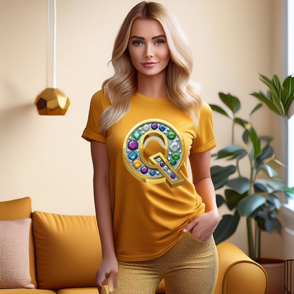 Letter Q Graphic Design Tee Unisex 100 Cotton With Antique Gold Letters Artwork T-Shirt