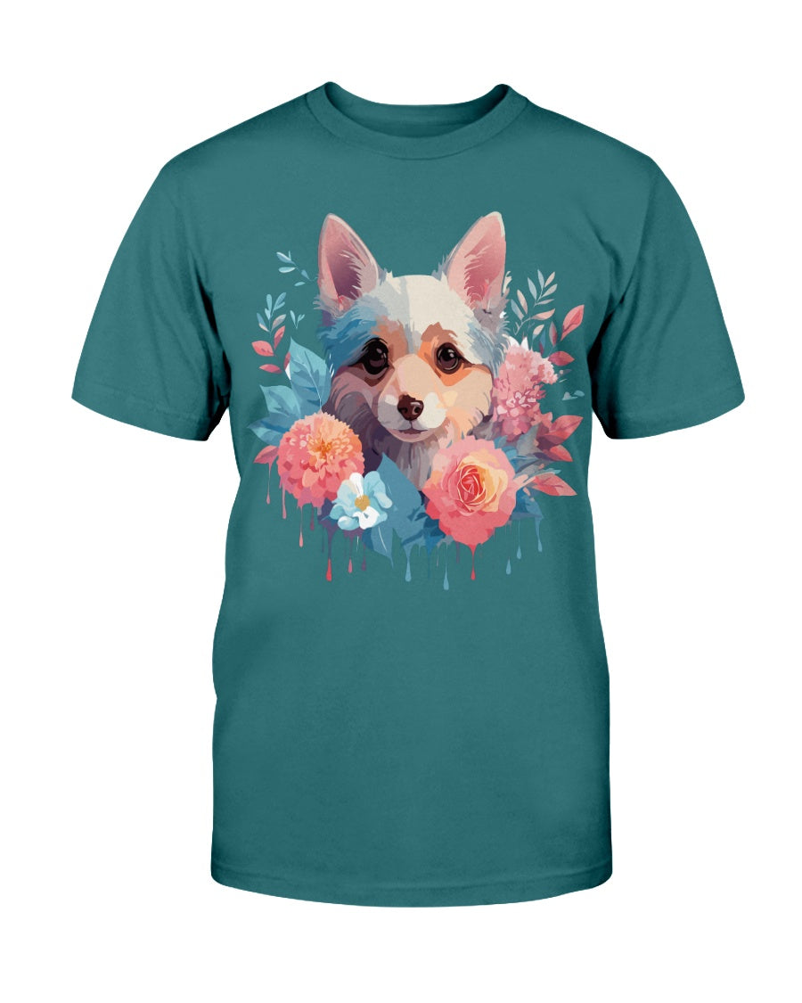 Unisex Animal Print T Shirt Floral Dog Design Graphic Tee Premium Cotton