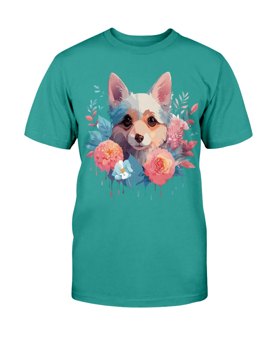 Unisex Animal Print T Shirt Floral Dog Design Graphic Tee Premium Cotton