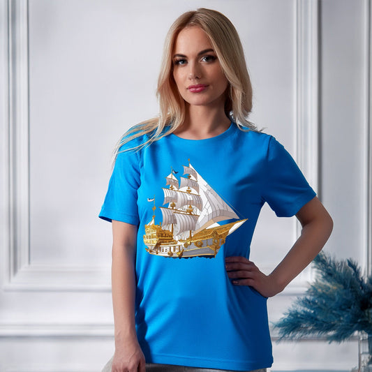 Ship Graphic Unisex 100 Cotton T-Shirt with Gold Frigate Art Design 10