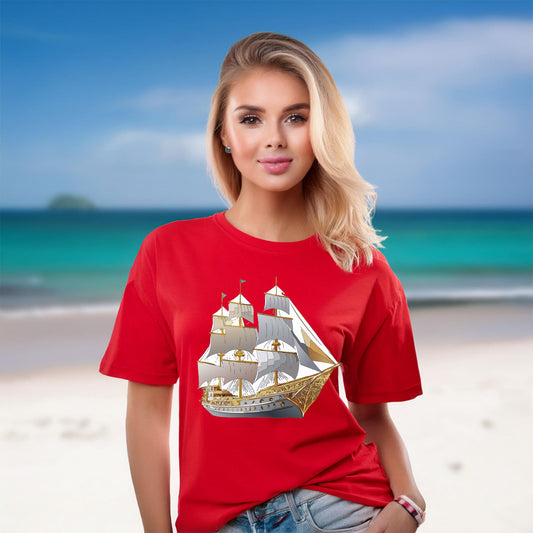 Ship Graphic Unisex 100 Cotton T-Shirt with Gold Frigate Art Design 17