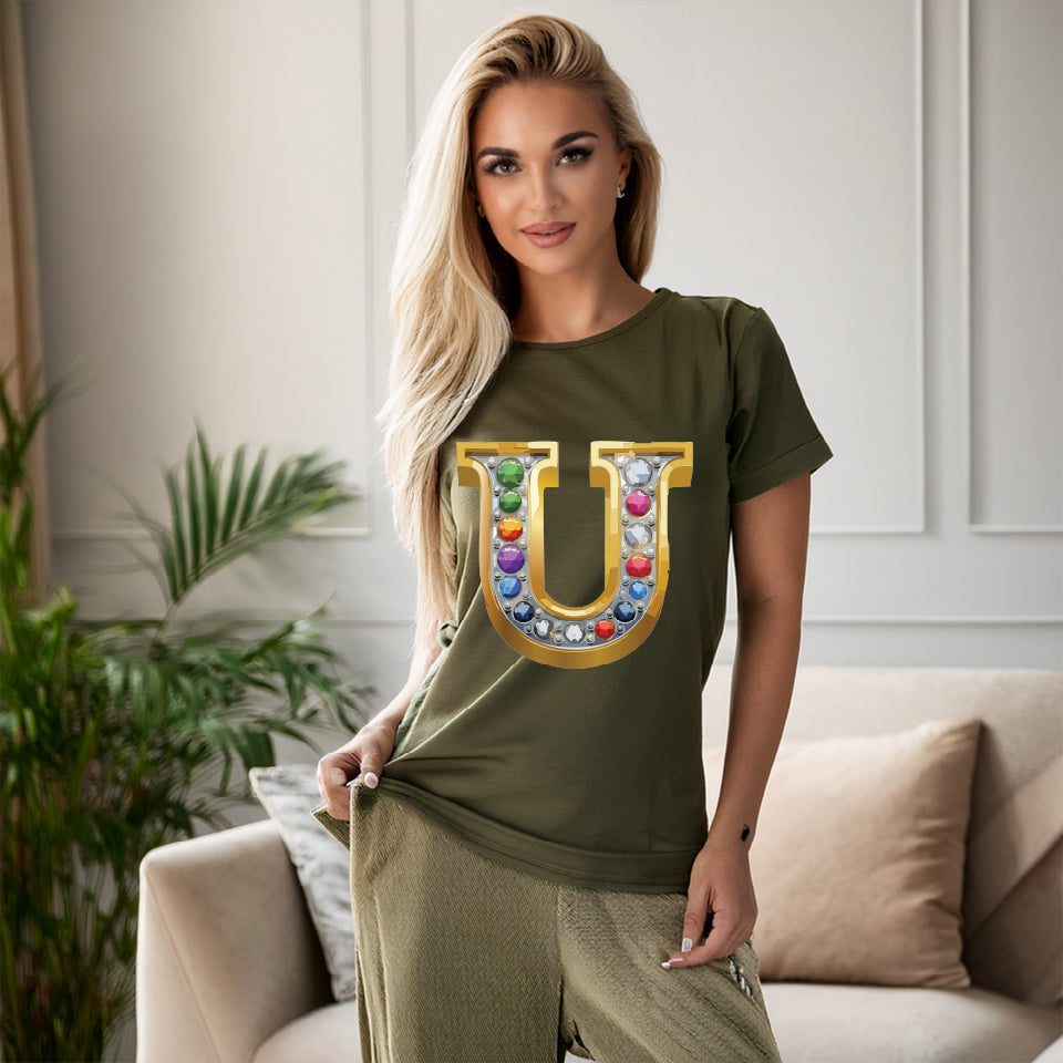 Letter U Graphic Design Tee Unisex 100 Cotton With Antique Gold Letters Artwork T-Shirt